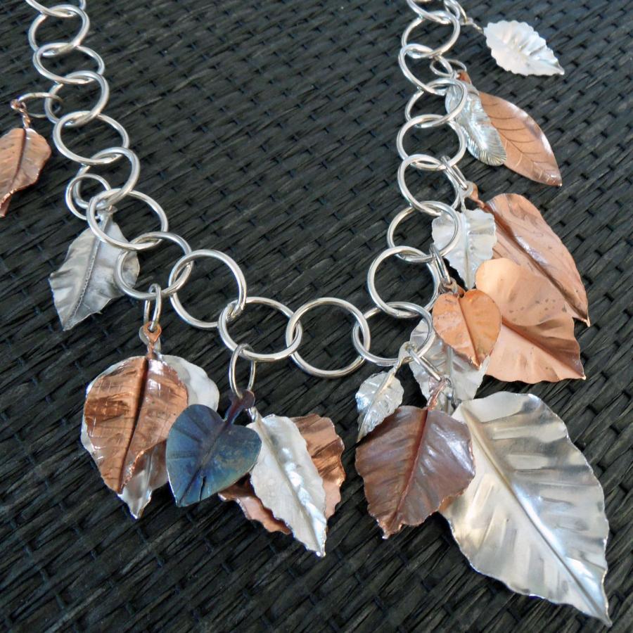 silver loop and copper and silver leaf necklace