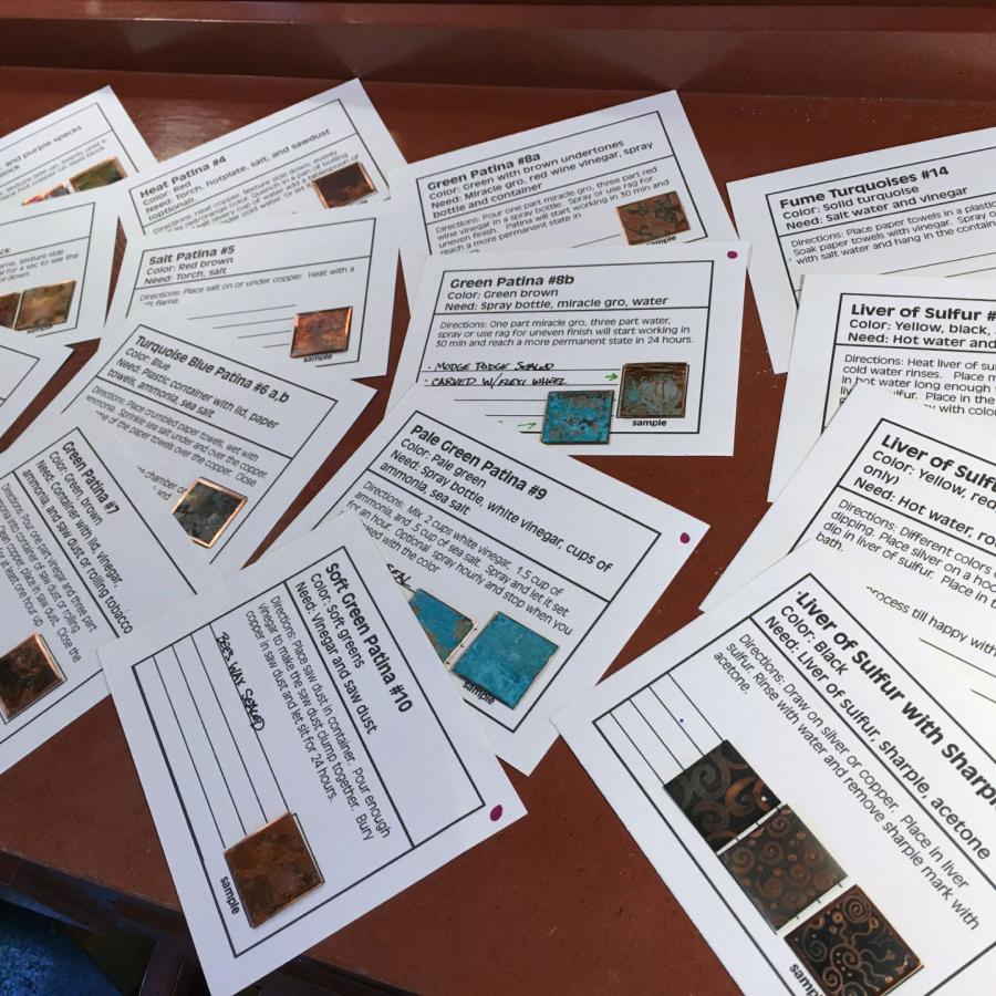Patina sample cards describing color and material used
