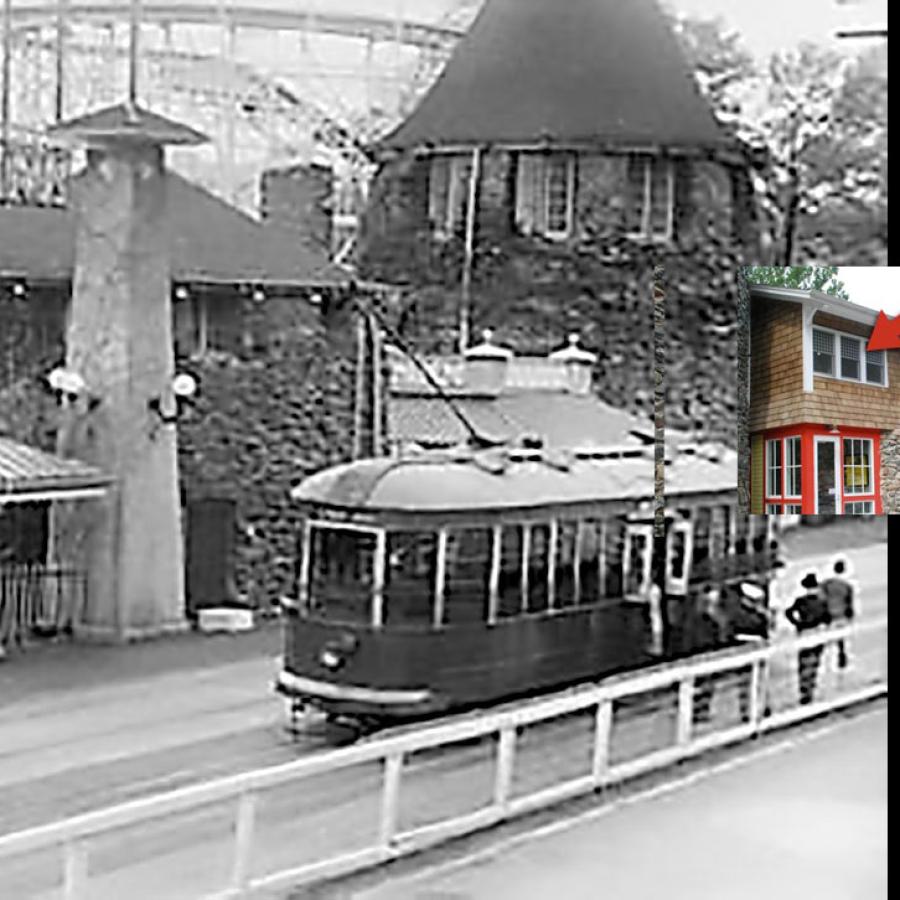 Black and white photo of 1939 Glen Echo park with a small image of current studio