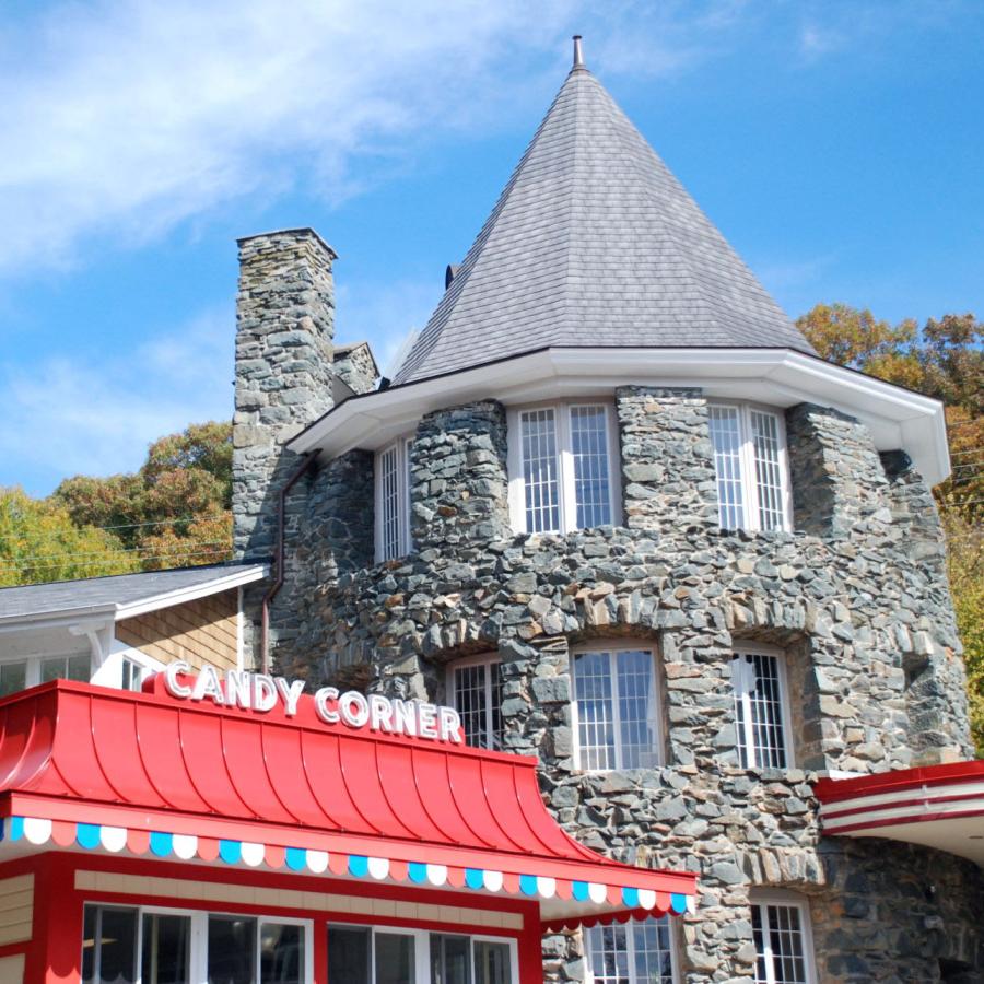 View of Candy corner building and stone tower in back