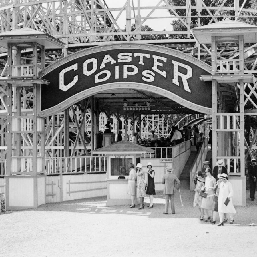 black and white photo of roller coaster "coaster dips" entrance