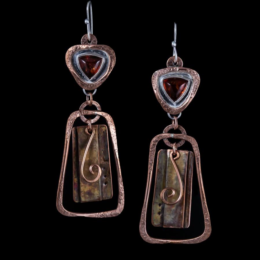 Copper and silver earring with triangular orange stones