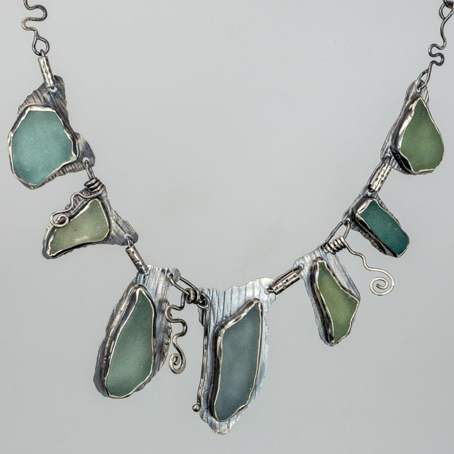 Sea glass necklace, greens and blues.