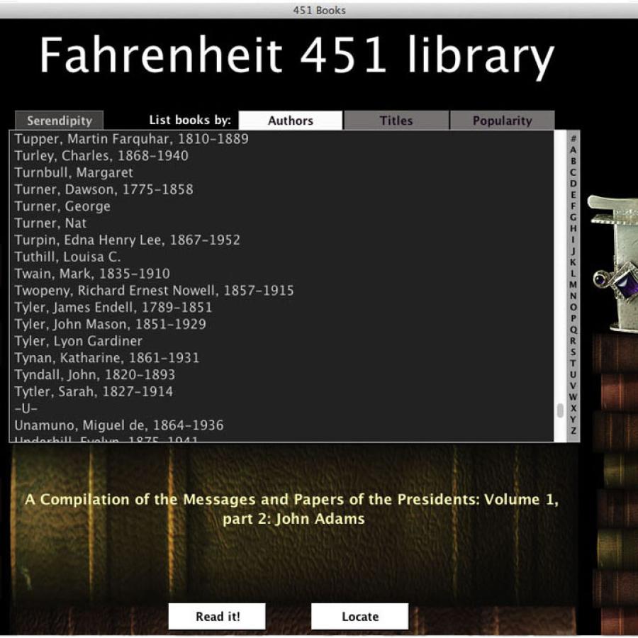 Screenshot of the Fahrenheit 451 library interface.