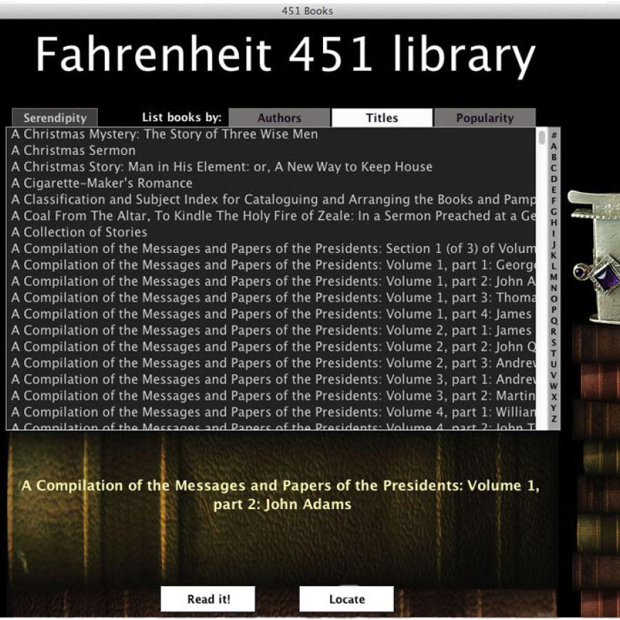 Screenshot of the Fahrenheit 451 library interface.