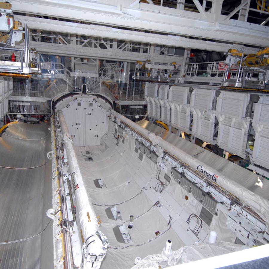 Interior view of space shuttle cargo bay.