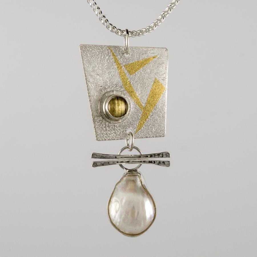 Silver and gold pendant with pearl and rutilated quartz