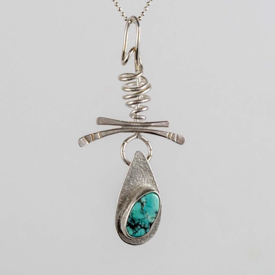 Silver teardrop-shaped pendant necklace with a turquoise stone.