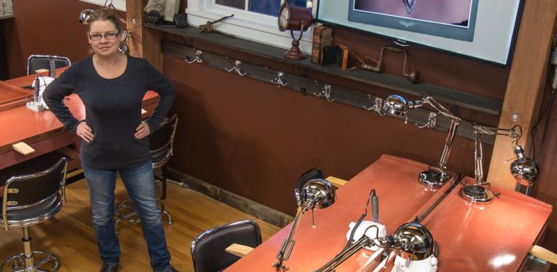 Looking downwards at Blair standing in studio 2