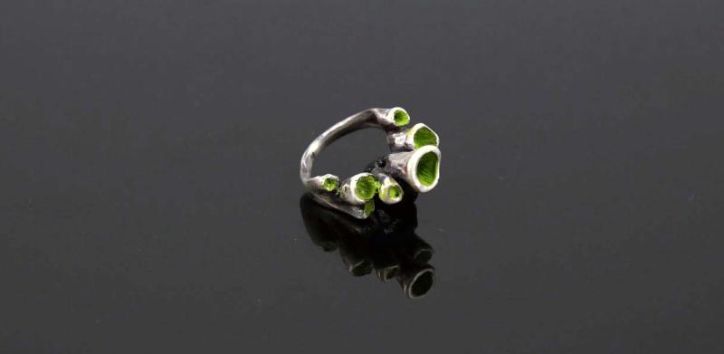 A modern silver ring with small, vibrant green accents on a dark reflective surface.