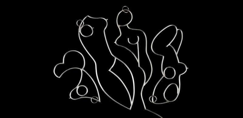 Graphic of white abstract line art depicting human figures on a black background.