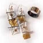 reticulated sterling silver earrings and textured bracelet both with gold plated accents