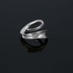 Photograph of a curved, silver-toned metal ring on a black reflective surface.