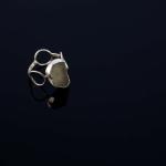 Photograph of a silver ring with a stone on a black background.