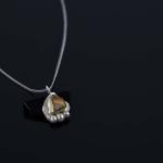 Photograph of a silver pendant with a gemstone on a black background.