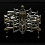 A complex, radial mechanical device of interlocking brass and silver bars against a black background.