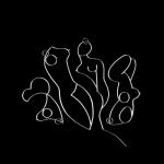 Graphic of white abstract line art depicting human figures on a black background.