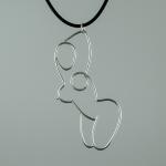 Photograph of a wire pendant shaped like a woman's body on a black cord.