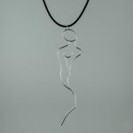 Photograph of a wire pendant of a woman's figure on a black cord.