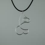 Silver wire outline pendant of a woman's body on a black cord.